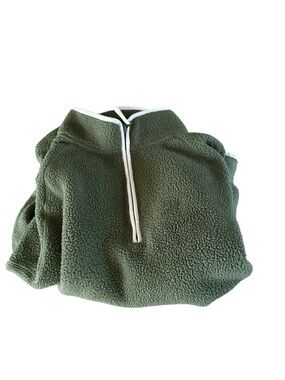 J. Crew Olive Green Sherpa Quarter-Zip Pullover with White Trim